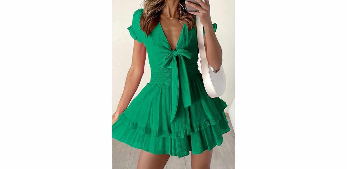 PRETTYGARDEN Women Summer Short Dress 2025 V Neck Short Sleeve Tiered Mini Sun Dress