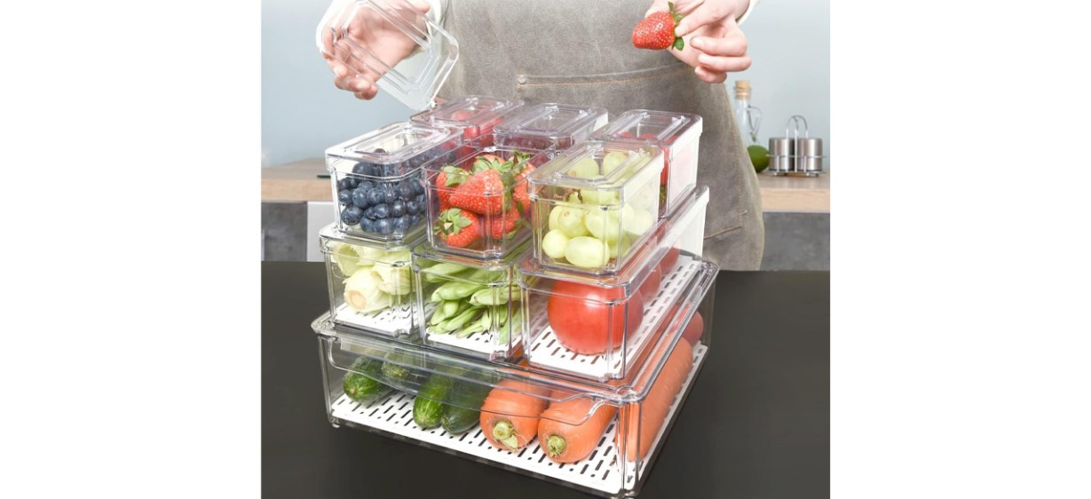 person organizing Pomeat 10 Pack Fridge Organizer