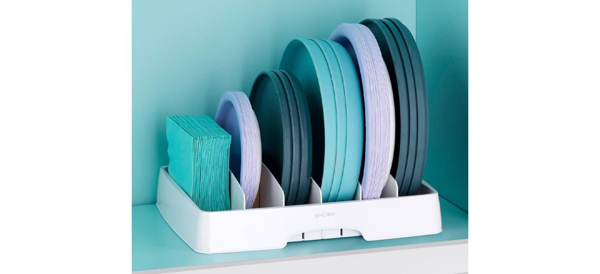 YouCopia StoraLid Food Container Lid Organizer on shelf