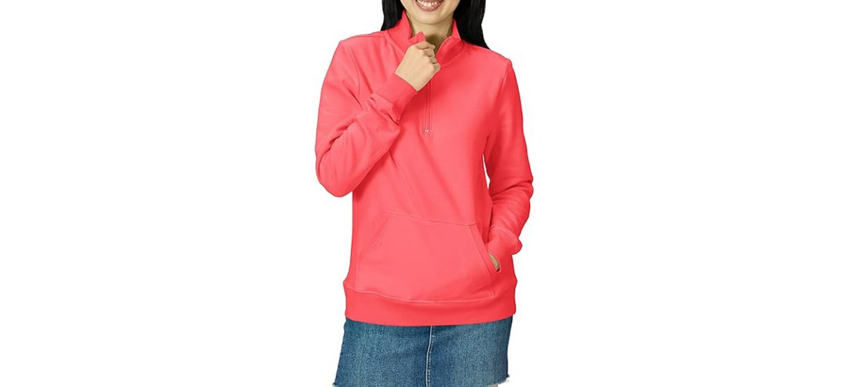 Dark peach Amazon Essentials Women's Long-Sleeve Fleece Quarter-Zip Top on white background