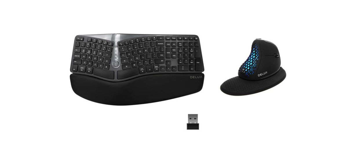 Delux Wireless Ergonomic Split Keyboard and Vertical Mouse Combo on white background