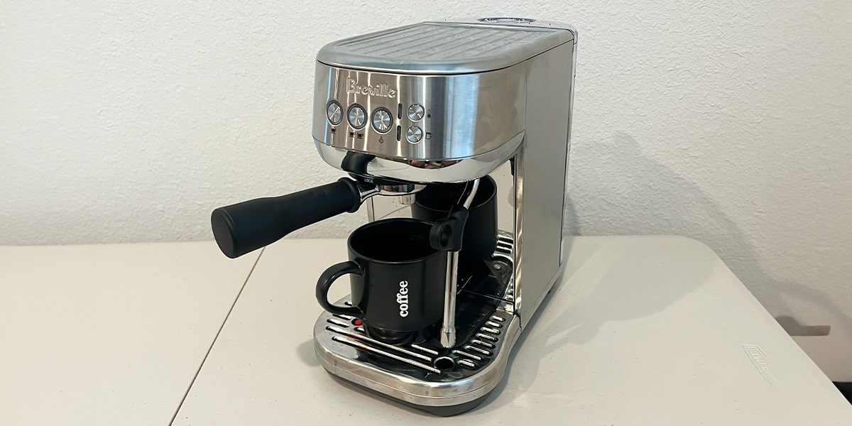 Angled view of Breville the Bambino Plus Espresso Machine on counter