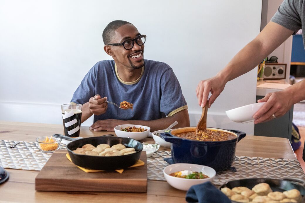 Farmhouse table with guests for dinner