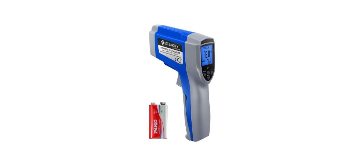 a blue and gray infrared thermometer shaped like a gun and a 9-volt battery