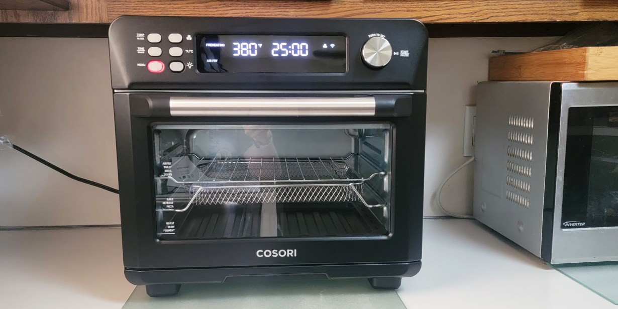 Black air fryer on kitchen counter