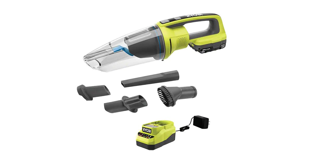 Ryobi One+ 18V Cordless Wet_Dry Hand Vacuum Kit on white background