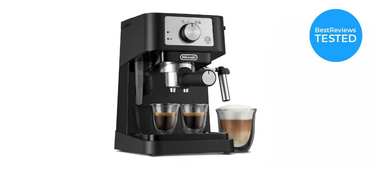 a black De'Longhi Stilosa Manual Espresso Machine with mugs under the spouts a black De'Longhi Stilosa Manual Espresso Machine with mugs under the spouts