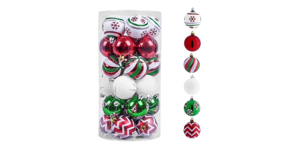 red green and white ornaments in a container  red green and white ornaments in a container