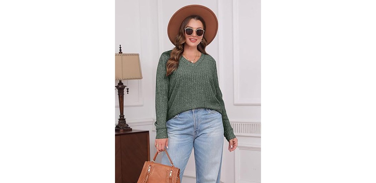 SAMPEEL V-Neck Long-Sleeve Casual Fall Tops Lightweight Tunic Sweater