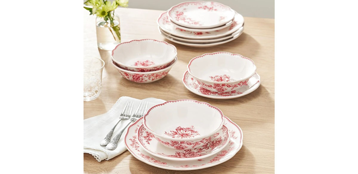 The Pioneer Woman Agatha 12-Piece Stoneware Dinnerware Set, Red