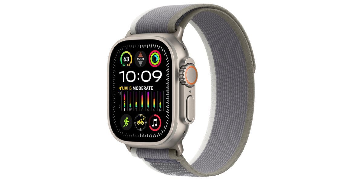 a hunter green Apple Watch Ultra smart watch with a chrome case around the watch face