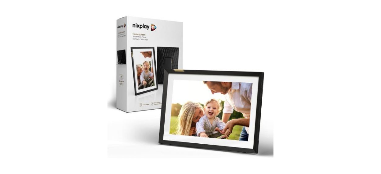 Nixplay 10.1-Inch Digital Touch Screen Picture Frame next to box on white background
