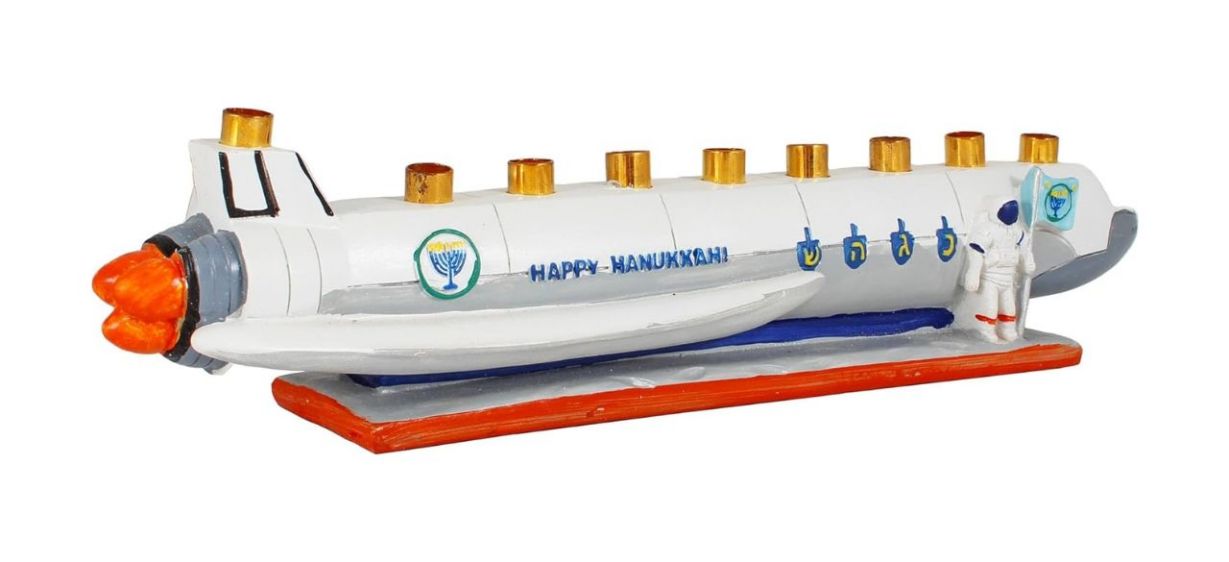 spaceship-shaped menorah for kids on white background