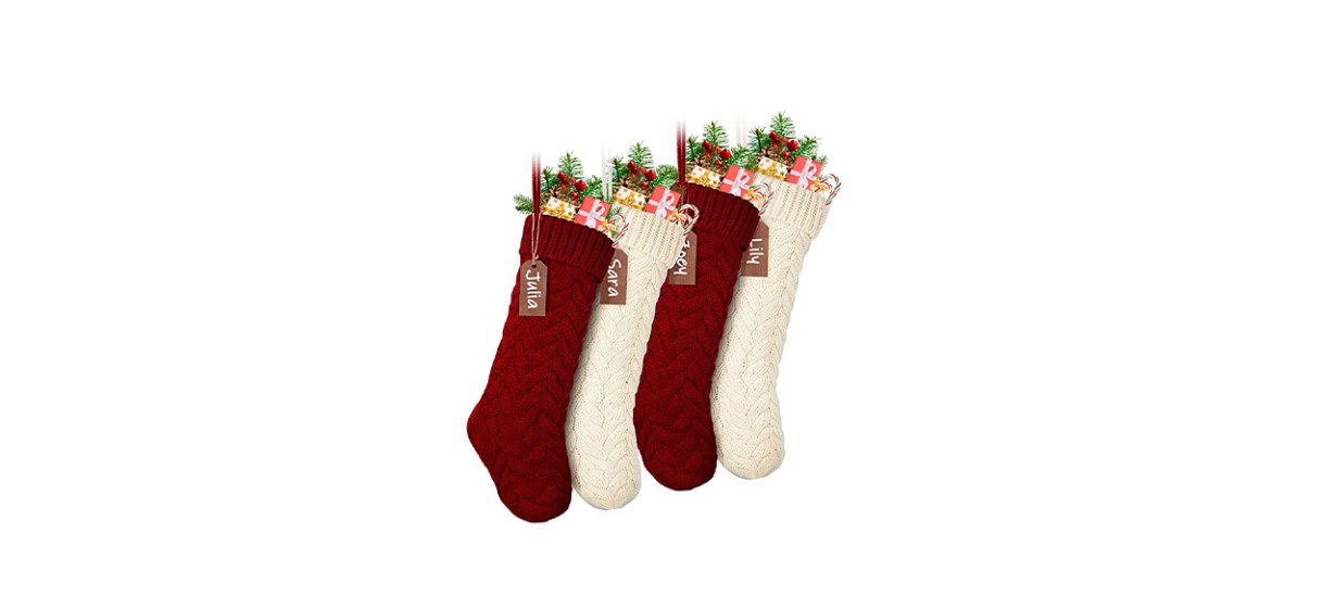 2 red and 2 white knitted Christmas stockings with nametags on them