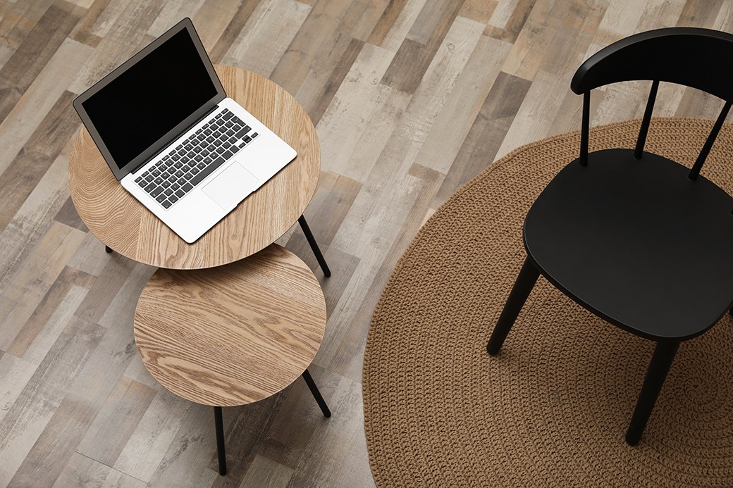 Nesting tables with laptop and chair