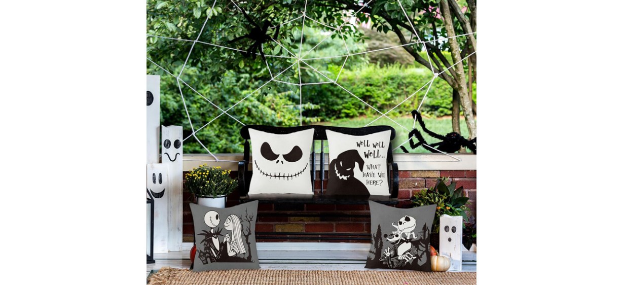 Nightmare Before Christmas Throw Pillows display on patio