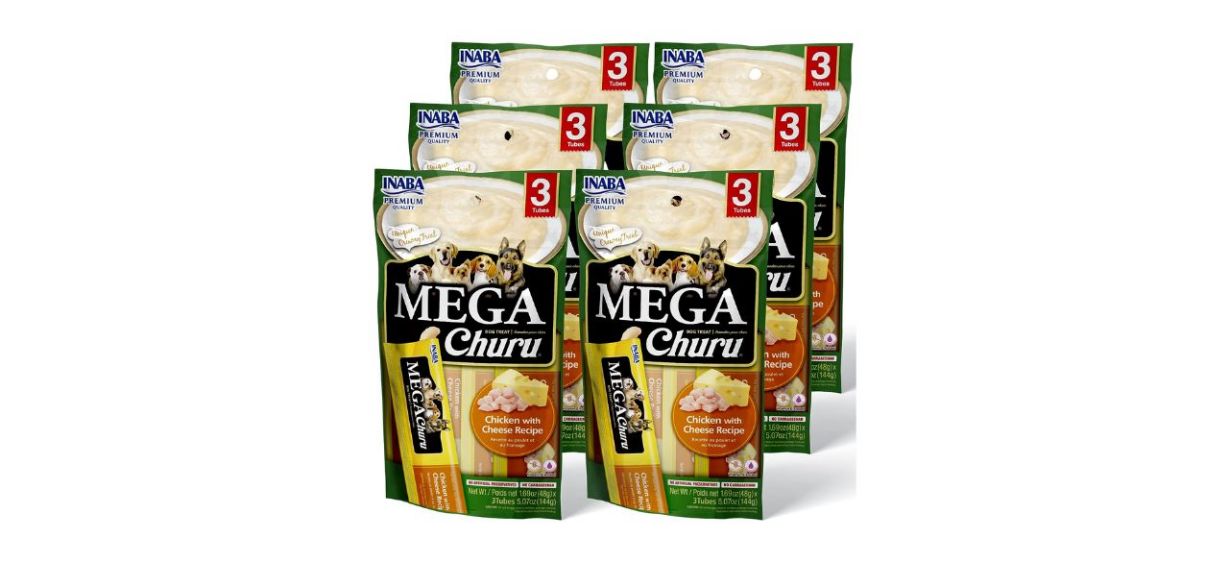Six bags of 3 tubes each, containing Inaba Mega Churu Squeezable Puree Dog Treat in chicken and cheese flavor