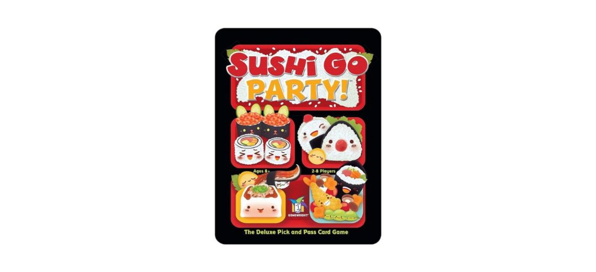Sushi Go party game in a box with images of smiling sushi