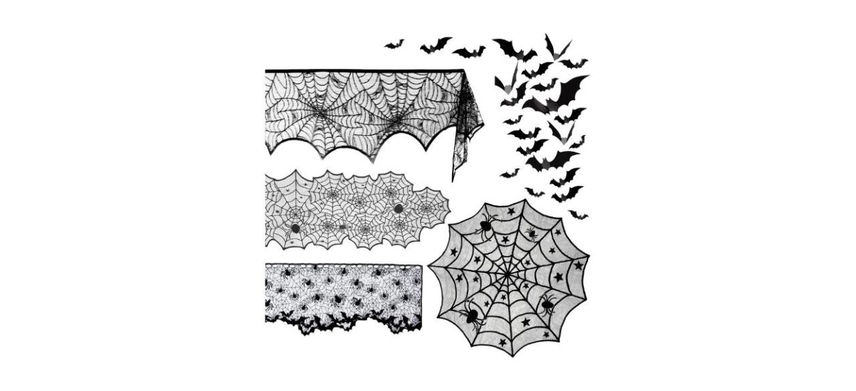 various spider- and bat-themed decorations