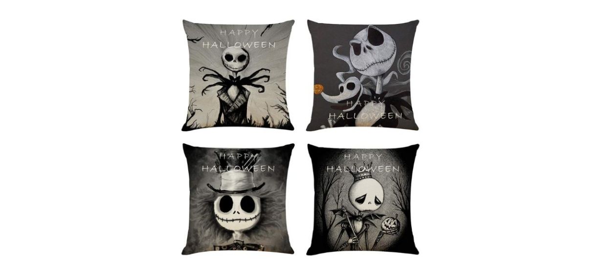 4 square pillow covers, black and white, with images of &quot;The Nightmare Before Christmas&quot; characters on them