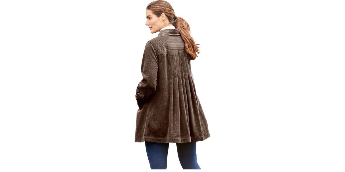 Woman Within Pleat-Back Corduroy Jacket Long Oversized Barn Coat