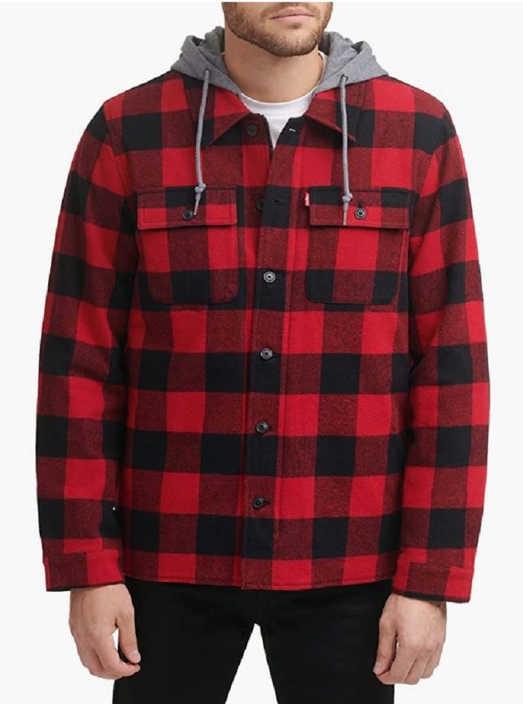 Levi&#039;s Men&#039;s Cotton Plaid Shirt Jacket with Soft Faux Fur Lining and Jersey Hood