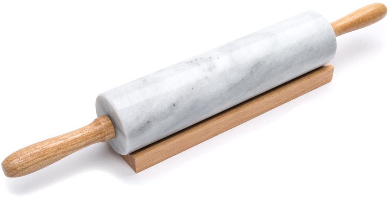 Fox Run White Marble Rolling Pin with Wooden Cradle
