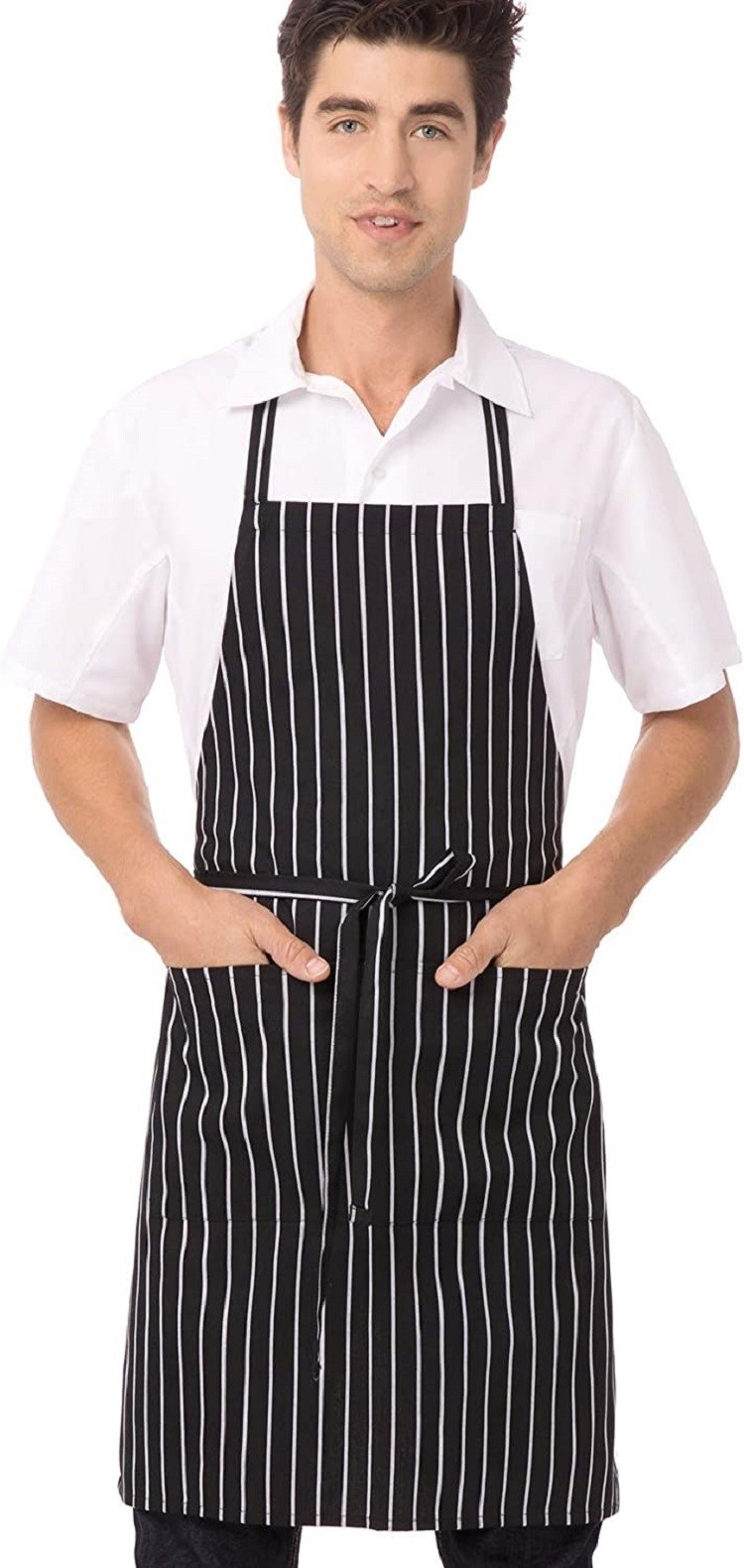 Chef Works Men's Bib Apron Black/White Chalk Stripe