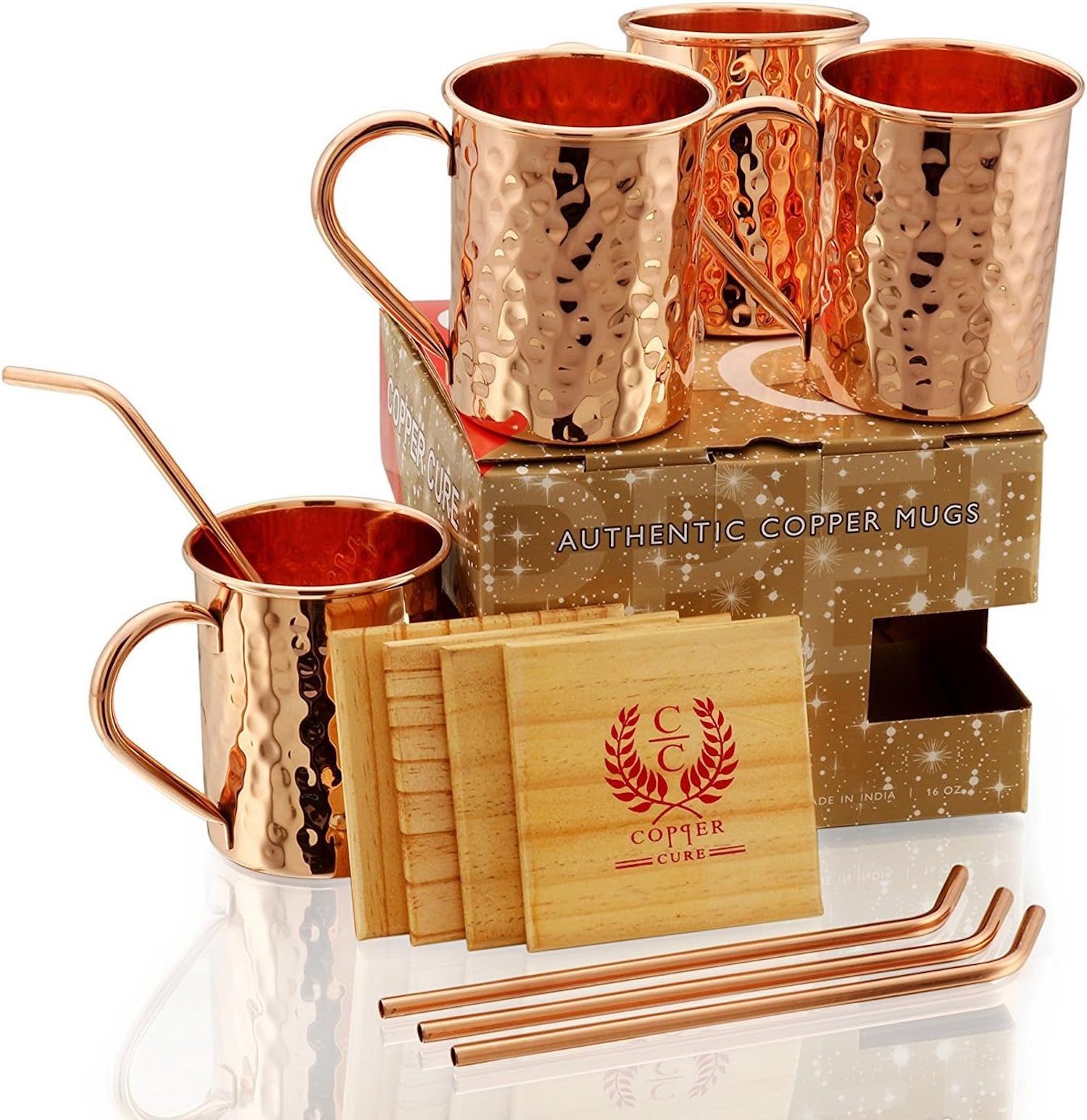 Copper Cure Gift Set Pure Copper Hammered Mugs with Copper Straws