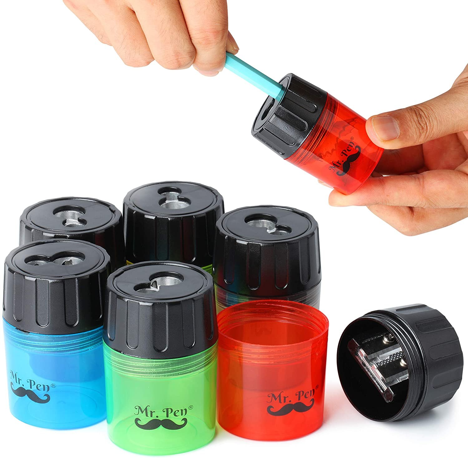 Mr. Pen Handheld Manual Pencil Sharpener with 2 Sharpening Holes and Screw-on Lid,