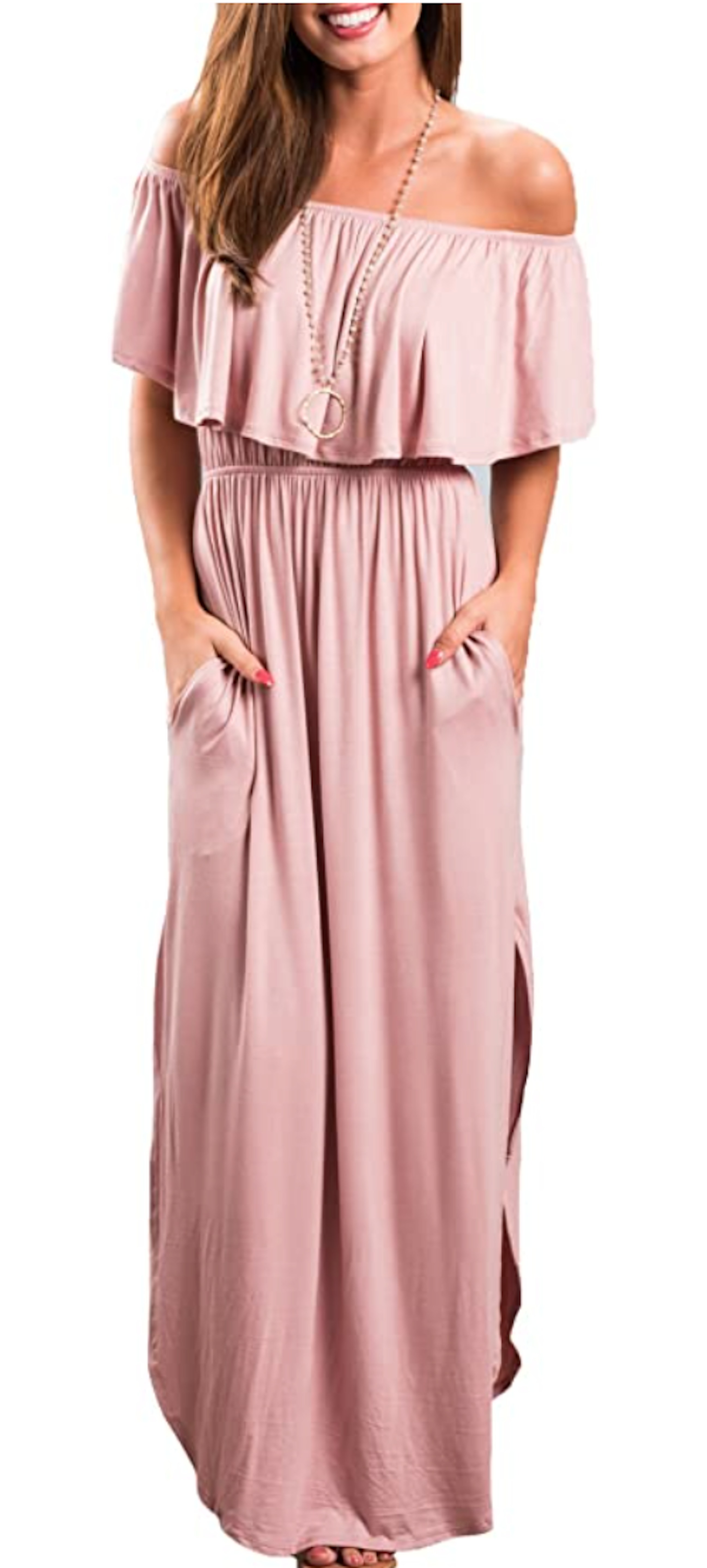 Sarin Mathews Off the Shoulder, Side Split, Tunic Waist, Ruffle Maxi Dress